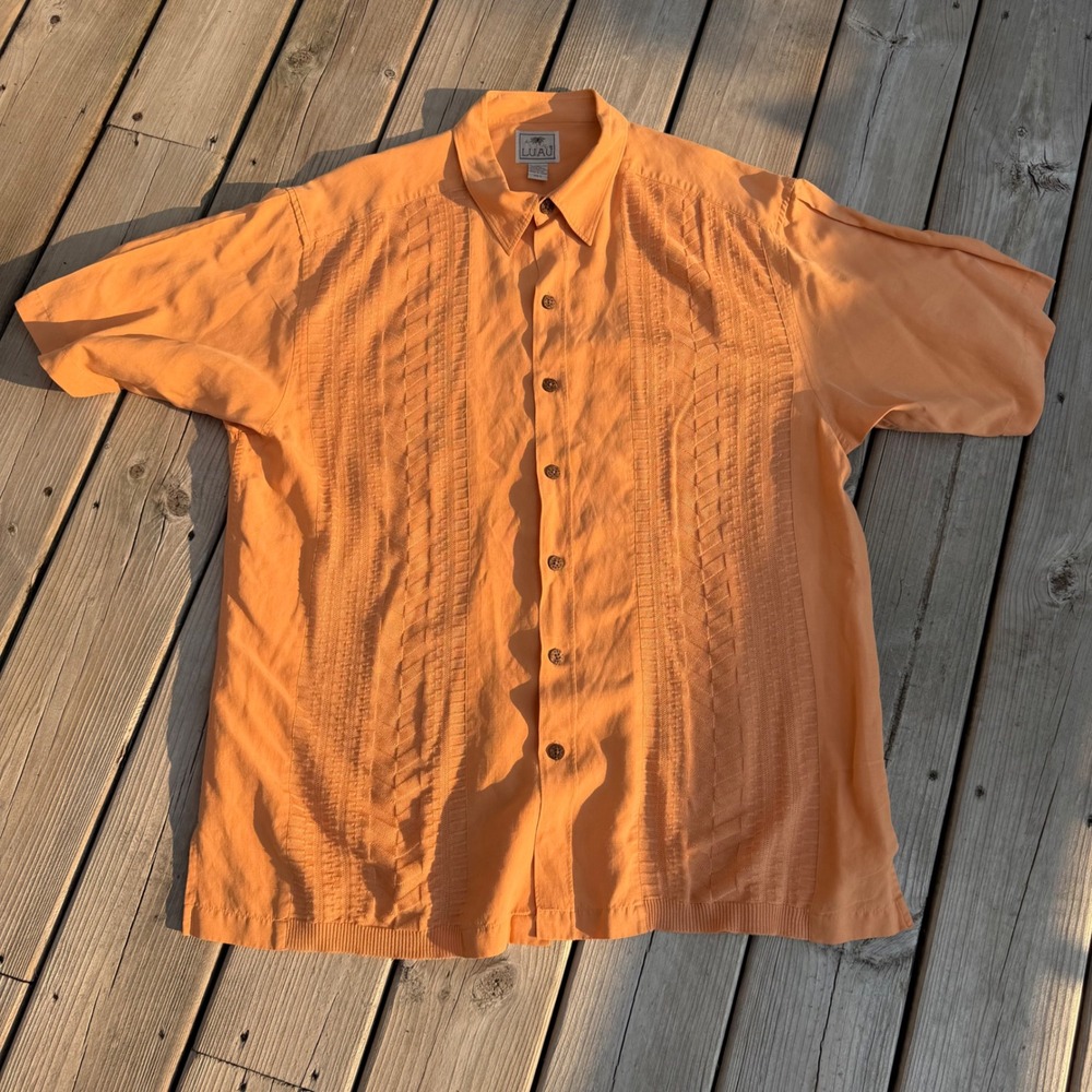 Luau Sportswear Mens Large Orange Silk Linen Embroidered Guayabera Camp Shirt